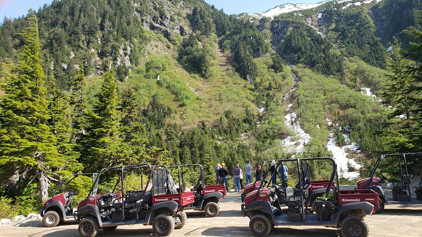 ATVs at a stop on the Takshanuk Mountain Trail tour